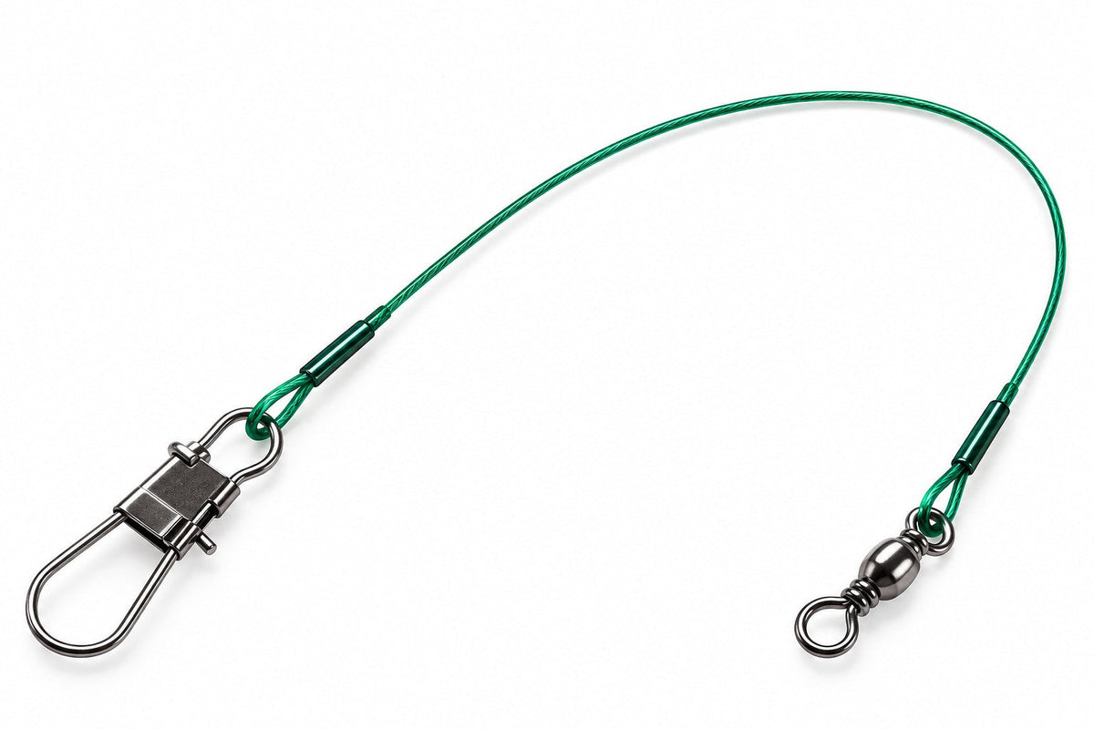 Grünes Stahlvorfach mit Karabiner und Wirbel – RAUBFISCHWERK